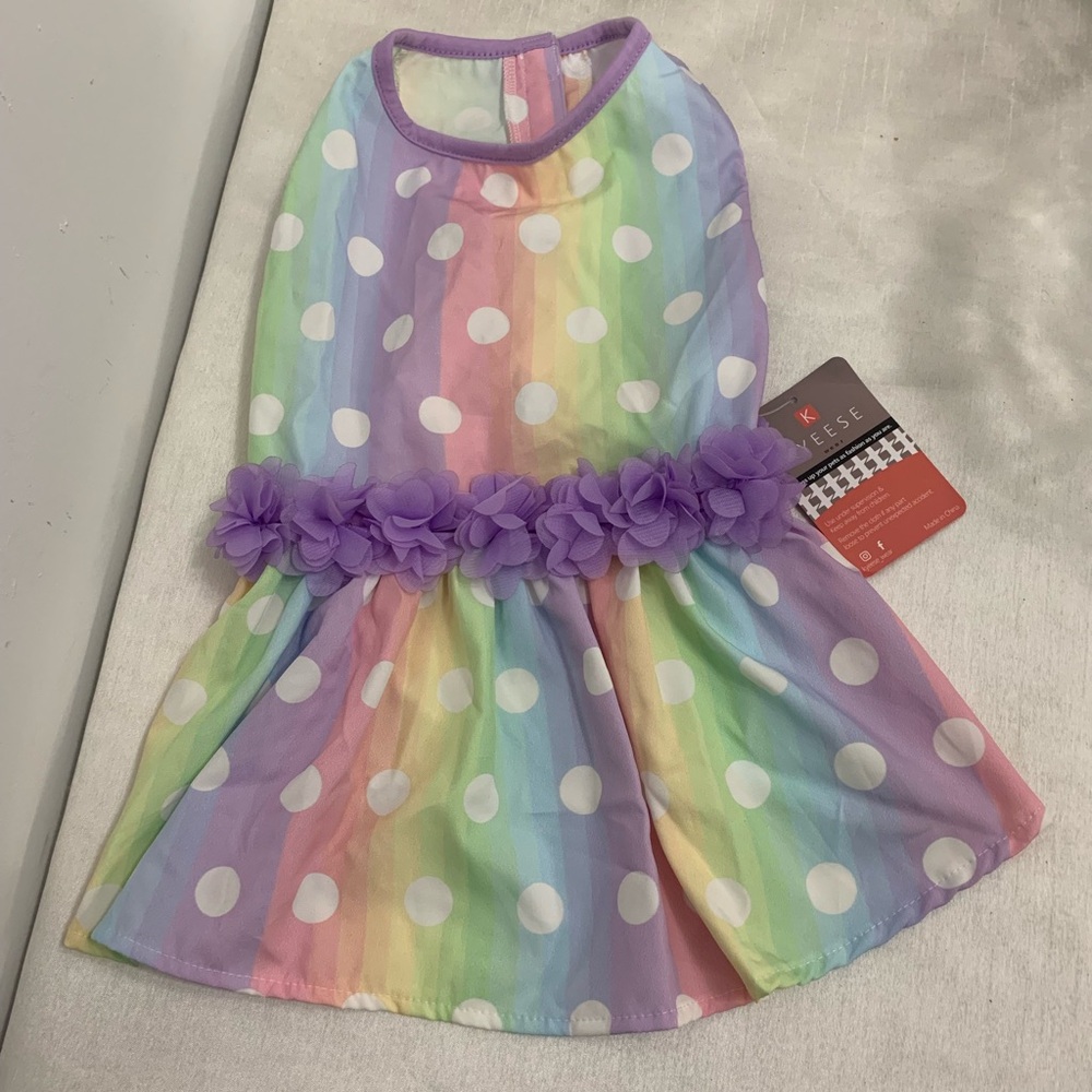 Rainbow Polka Dot Dog Dress with Purple Floral Waist - Unbranded